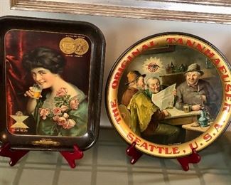 Pre-Prohibition beer trays from Seattle breweries: “The Invitation” for White & Gold Beer by Claussen Brewing Association (copyright 1911)  -tray on right is SOLD 
