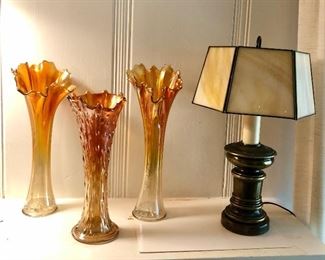 Marigold carnival glass stretch vases, small brass lamp with slag glass shade (15” tall)