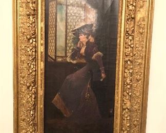 Old oil painting on canvas of woman by a window by C.H. Fiori, signed lower right. In period gilt frame Sight 9.5” x 20”, framed size 19” x 29”. (Frame has some damage & has been repainted)