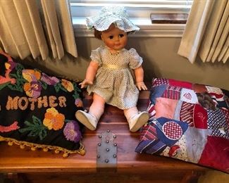 Old pillows (“Mother” & crazy quilt), Ideal Toys Kissy doll (K-21-L) 