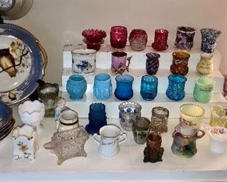 Some of the MANY antique toothpick holders - cranberry, custard, blue & milk glass, Royal Bayreuth
