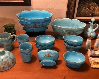 Northwood EAPG( blue custard) Chrysanthemum Sprig berry bowls (large & small), cruets, butter dome, tumblers & creamer