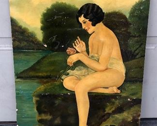 Racy 1920s painting on board, unsigned, 14” x 20”