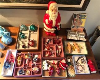 Vintage Xmas ornaments: mercury glass, small Santa blow mold & more