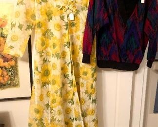 Vintage sleeveless yellow floral maxi dress with sheer long topper (size 12-14?), fun 80s knit top 