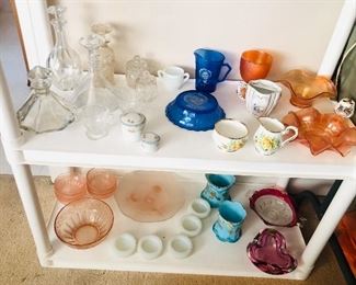 More glass: decanters, genuine vintage blue Shirley Temple bowl & pitcher, Royal Albert Tea Rose creamer & sugar, marigold carnival glass, pink Depression glass, Barbini Murano glass pink bowl (ashtray) w/ label