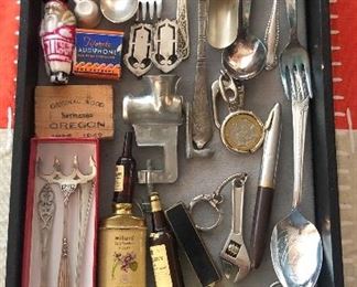 A few sterling pieces, figural Santa bulb, Army Corps of Engineer compass, old matchsafe, wood piece salvaged from Battleship Oregon 