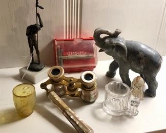 Daum Nancy toothpick holder, bronze  sculpture by H.G. Elmore, mother-of-pearl opera glasses, Kewpie toothpick, carved stone elephant, vintage Gillette razor