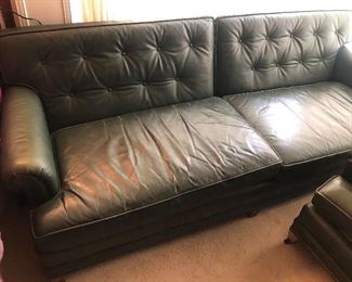 Vintage Henredon 7 ft. green leather sofa (82”L, 33”D, 29”H) Springs are tired so it’s a bit saggy to sit on, particularly on left end. 