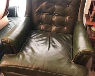 Vintage green leather armchair (31”W, 35”D, 32”H) - has same tired springs issue as sofa, so seat is saggy. 
