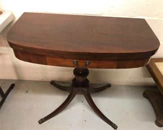 Vintage mahogany game table with drawer  - top flips up & slides on base to double size of surface (as shown 32”L, 16”D, 30”H)