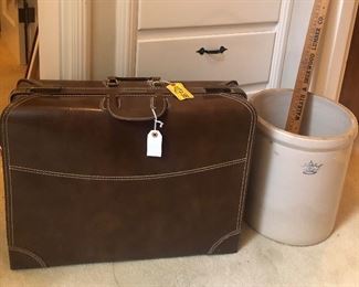 Vintage leather suitcase, 6 gallon crock