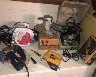 Power tools: Stanley 6.5” builders circular saw, Black & Decker finishing sander, Craftsman commercial router + case, Shopmate sabre saw