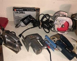 Craftsman sabre saw, Rockwell bayonet saw, B & D 1/2 inch drill, Bosch 1581VS orbital action jig saw