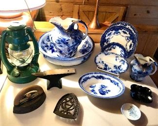 Embury No. 2 Air Pilot lantern, flow blue pitcher & bowl + other bowls & plates, sad iron, bronze anvil