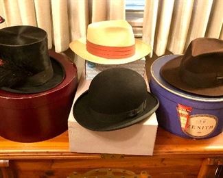 Antique & vintage men’s hats: Black top hat by Dunlap & Co. (from Cheasty’s - Seattle), John B. Stetson black bowler, genuine Panama hat (size 7 1/4, made in Ecuador), Dobbs Twenty brown fedora