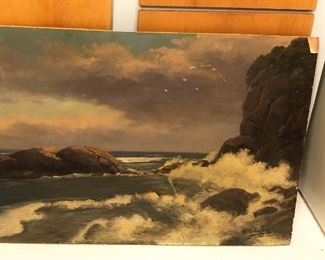 Oil painting on board by NW artist Herbert Muehlenbeck (1886-1947), signed & dated 1934 lower right, 18” x 31” unframed. (Has some damage)