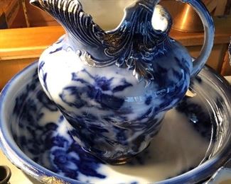 Antique Flow Blue wash pitcher & bowl set (pitcher is 11” tall, bowl diameter 16”)