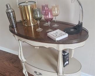 Vintage White Furniture French Provincial Style Mid-Century Bar Cart on Wheels