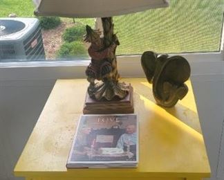 Yellow Painted Side Table along with Table Lamp & Marble Elephant