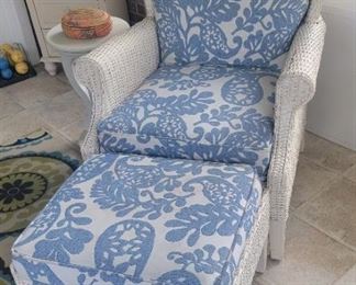 White Wicker Wingback Style Chair and Ottoman with Blue & White Cushions