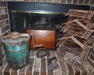 Antique Ice Cream Maker - Wooden Serving Tray - 2 Irons - Birdhouse