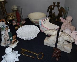 Milk Glass - Marble Horse Bookends - Angels 