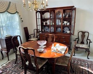 Crescent Furniture table, 2 extensions, 8 chairs, hutch, server, flatware cabinet