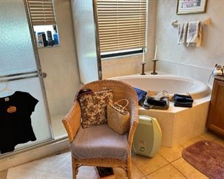 Wicker chair, vintage hair dryer, etc.