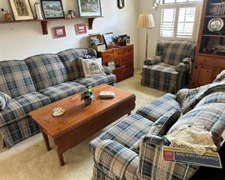 Clayton Marcus blue plaid furniture -- sofa, loveseat & chair