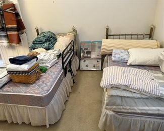 Twin mattress sets & brass headboards, bedding, etc.