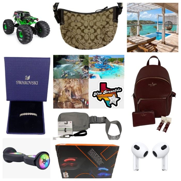 Tory Burch Leather Crossbody Bag, St. James Clubs & Villas Trip, Consuela Tote Bag, Texas Renaissance Festival Tickets, Date Night Scavenger Hunt, Astros Basket, Winery Adventure, Kate Spade Back Pack and Earrings, Brisket & Beer & MORE!