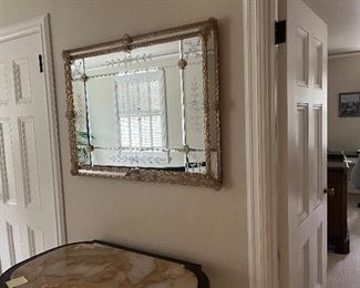 $980. Vintage mirror with Murano glass roses and trim pieces with etched glass. 40"w x 31"h.