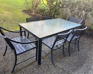 $780. Brown Jordan 1960's Regent table and six chairs. Mid-century in age and style. 60"l x 34"w x 26.5"h. Chairs are 15" seat height. Straps and finish is in pristine condition. Not on site, please enquire about seeing it.