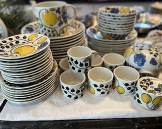 $800. Vintage Arabic Paratiisi dish set. Slightly oval shaped dishes. Complete service for 8 with extras. Set includes 11 dinner plates, 9 salad plates, 11 bread and butter, 8 soup bowls, 8 mugs, 1 Pitcher, small covered bowl and handles covered bowl.