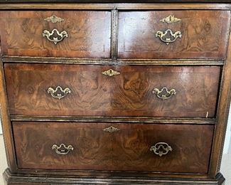 $390 Antique four drawer chest, some missing veneer sold as found. 40"w x 34.5"h x 20"d.