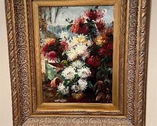 $390 obo. Chrysanthemum Oil Painting in gilded carved frame. 22"w x 26"h x 4"d