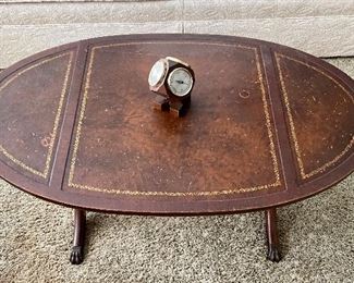 ANTIQUE LEATHER-TOP MAHOGANY COFFEE TABLE