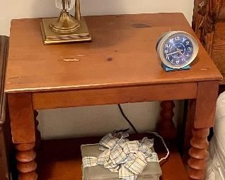 ANTIQUE END TABLE/NIGHT STAND, BRASS LAMP, CLOCK, LIGHTED GLASS BLOCK