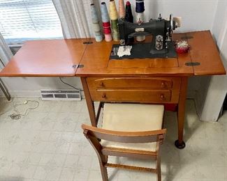 VINTAGE WHITE SEWING MACHINE W/CABINET and CHAIR