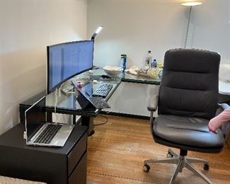 Glass desk, file cabinet, swivel desk chair