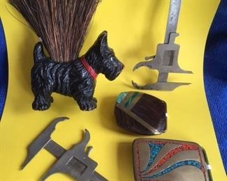 Scotty dog cloths brush, inlaid brass belt buckles & Dental tools