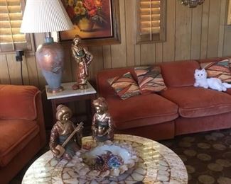 Round marble top coffee table & sectional Drexel sofa
