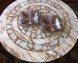 42" marble top coffee table & Higgins fused glass bowls