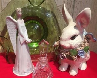 Murano bowl, LLadro bell, cut perfume & ceramic rabbit