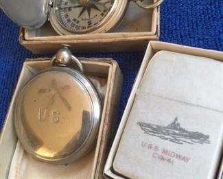 Vintage navy compasses & U.S.S. Midway cigarette lighter (mint in box)  LIGHTER SOLD