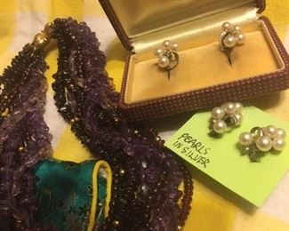 Heavy Amethyst & Garnet necklace, 2 pair of Mikimoto pearl earrings in silver.
