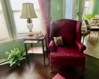 Crystal & Brass Lamp, Wingback Chair, tea Table
