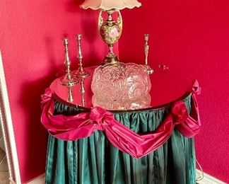 Decorative Round Table with Custom Cover, Crystal, Silver Candlesticks