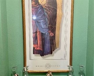 "Divine Messenger" print by Euripides Kastaris; Assortment of Angels, including 1980s lead glass angels